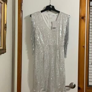 Women’s Sexy Deep-V Sequin Glitter Tassel Sleeve party Mini Dress Size XL Silver